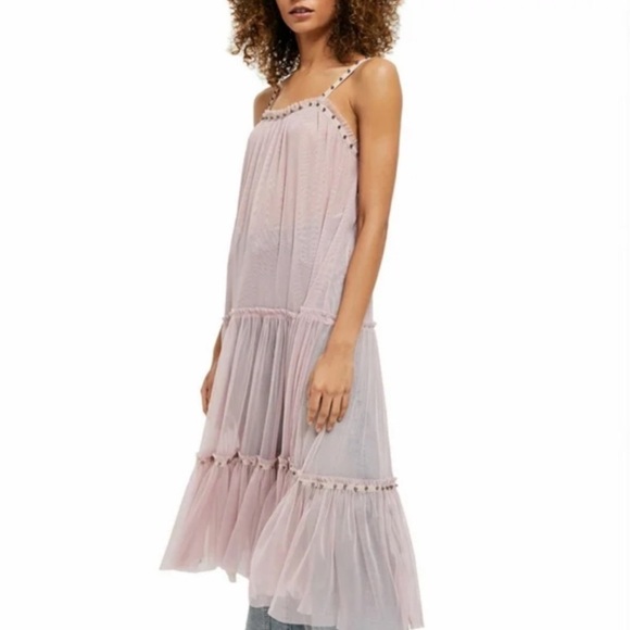 FREE PEOPLE NIGHT OUT SLEEVELESS TULLE MAXI SLIP DRESS SMALL MEDIUM PALE PINK - Picture 9 of 9